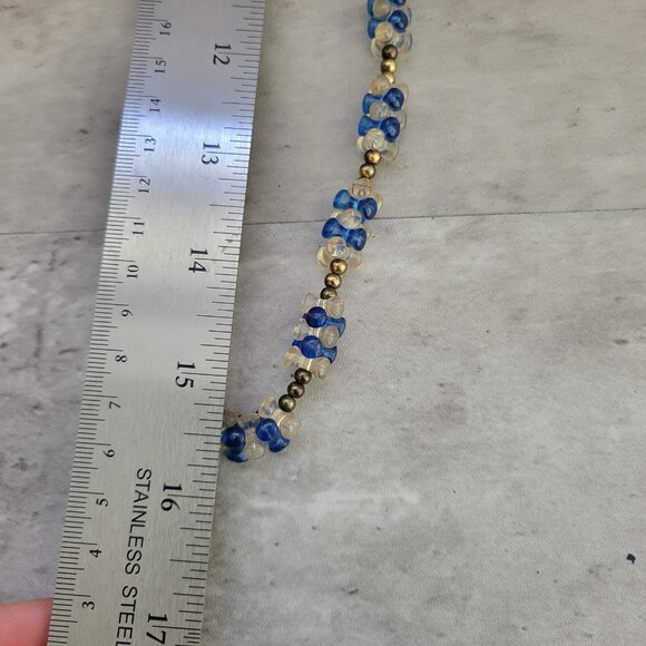Vintage Blue Clear Plastic Bead Necklace Long Brass Spacers 32in Retro Mod Style - Picture 5 of 6
